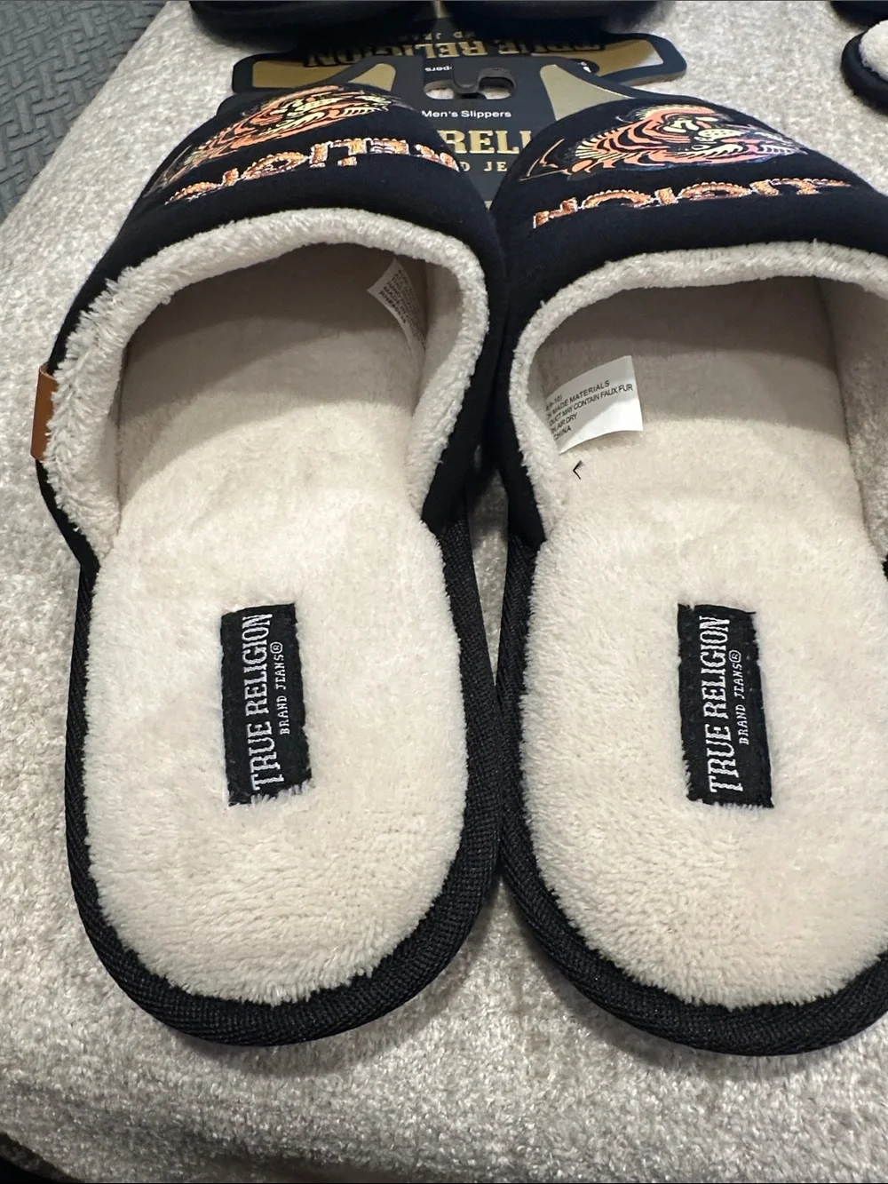 True Religion Black Tiger Logo Slippers